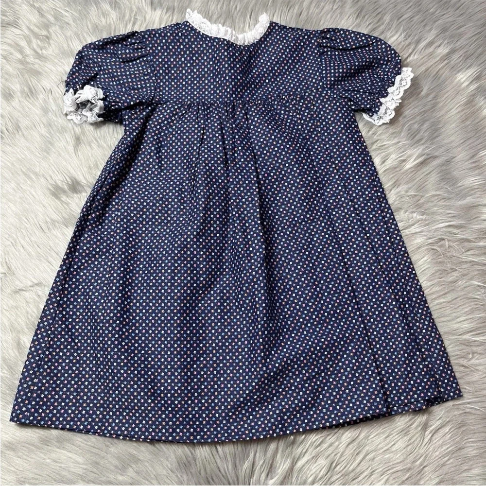 Vintage Winnie The Pooh Brand Girls Navy Pink White Lace Pinafore Dress